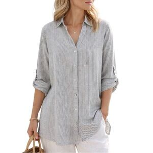 Tahari 1X Black White Pinstripe Button Front Shirt Roll Tab Sleeve Relaxed Tunic